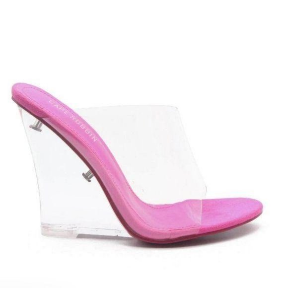 Clear Peep Toe Wedges in Fuchsia - Picture 3 of 9
